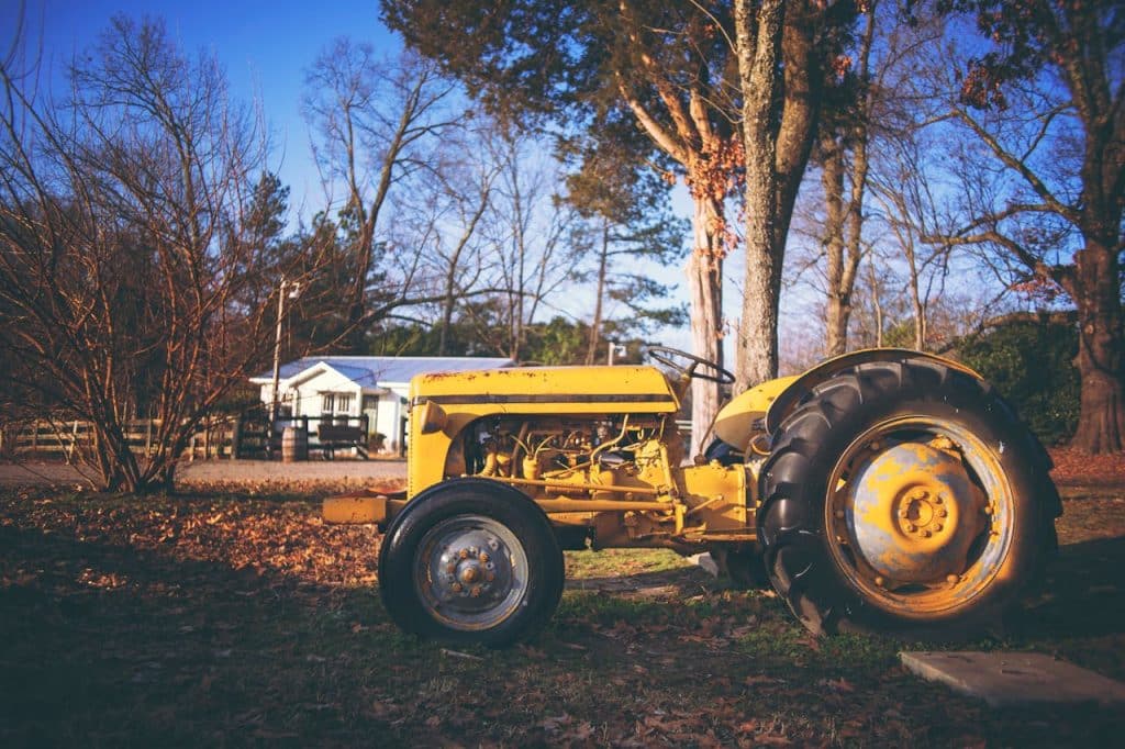 Yellow tractor beside trees on sunny day