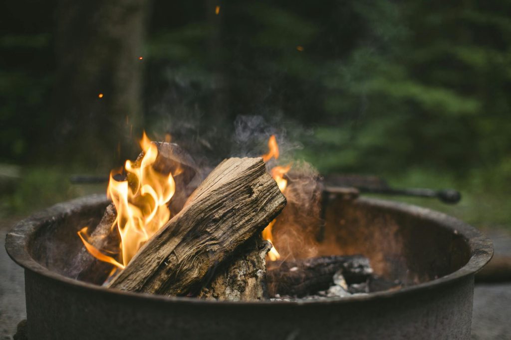 Campfire burning with logs and flames.