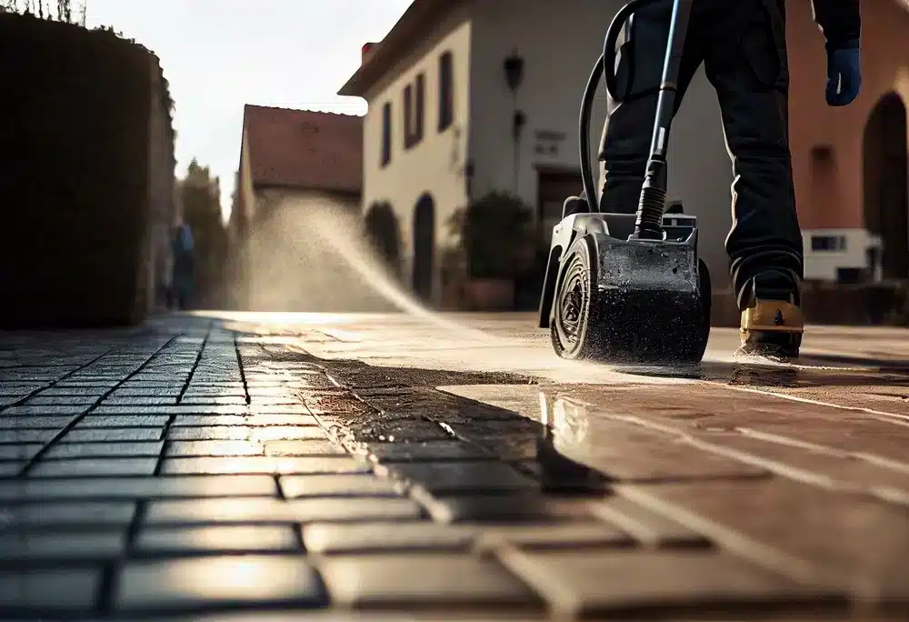 Person power washing brick walkway.